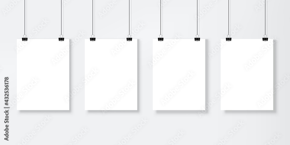 Poster mockup. Blank photo, picture paper frame template with holders and ropes for portfolio, gallery and display. Empty white banners vector set. Paper sheets hanging on binders on wall Poster mockup. Blank photo, picture paper frame template with holders and ropes for portfolio, gallery and display. Empty white banners vector set. Paper sheets hanging on binders on wall