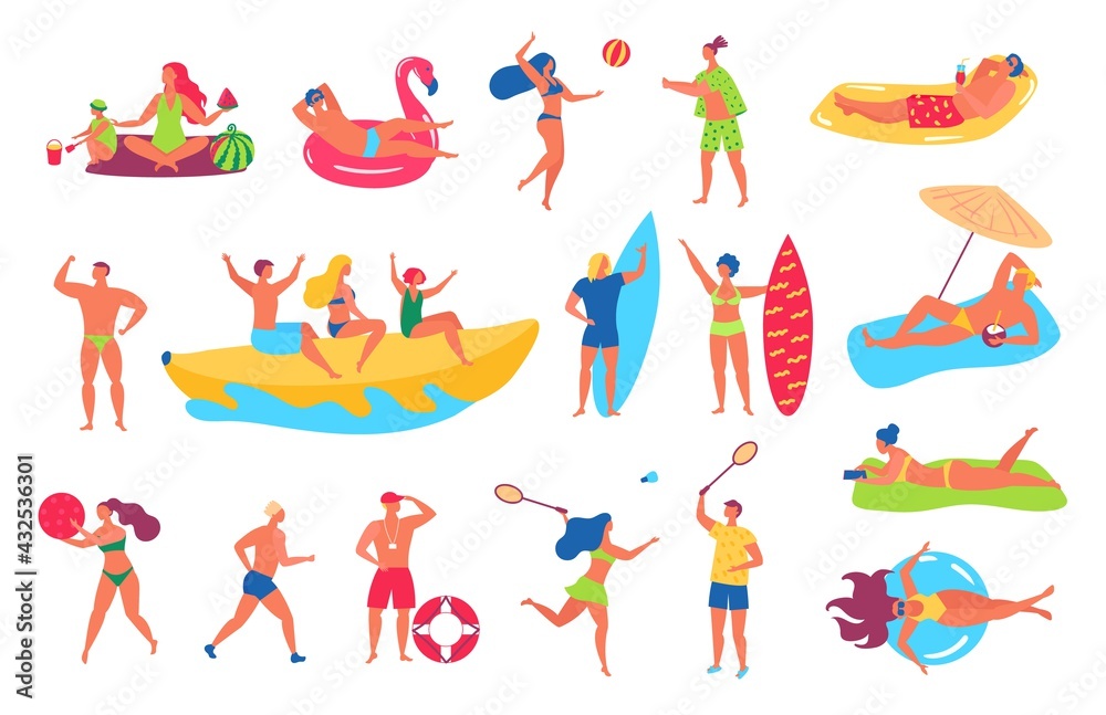 People on beach. Man and woman in swimsuits sunbathing, relaxing on beach towel. Friends playing sport games. Summer vacation holiday vector set. Characters having rest, doing activities