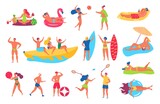 People on beach. Man and woman in swimsuits sunbathing, relaxing on beach towel. Friends playing sport games. Summer vacation holiday vector set. Characters having rest, doing activities