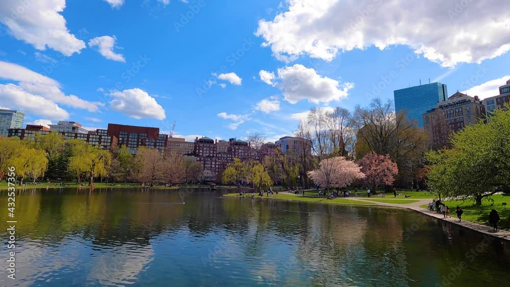 Time lapse of Boston Public Garden with Lagoon and willow trees in spring in city of Boston, Massachusetts MA, USA. Time lapse of Boston Public Garden with Lagoon and willow trees in spring in city of Boston, Massachusetts MA, USA.