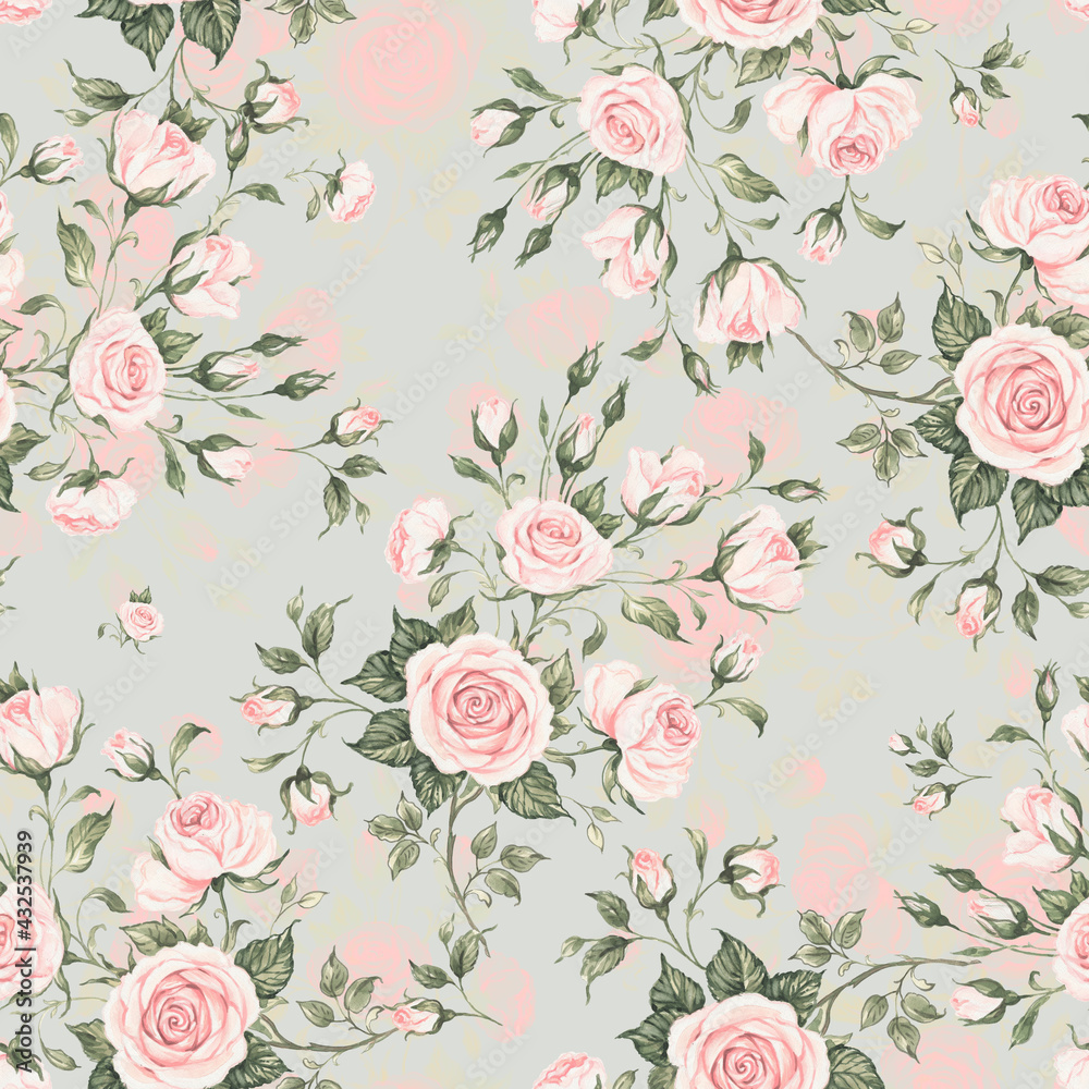 Seamless floral pattern drawn by paints on paper blooming branches of roses Seamless floral pattern drawn by paints on paper blooming branches of roses
