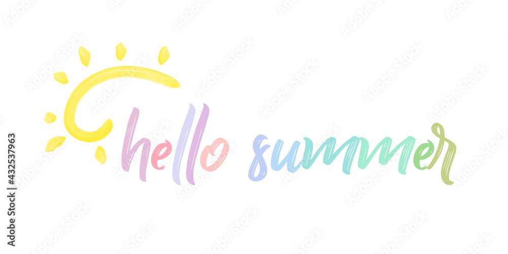 Hello Summer vector illustration, background. Fun quote hipster design logo or label. Hand lettering inspirational typography poster, banner.