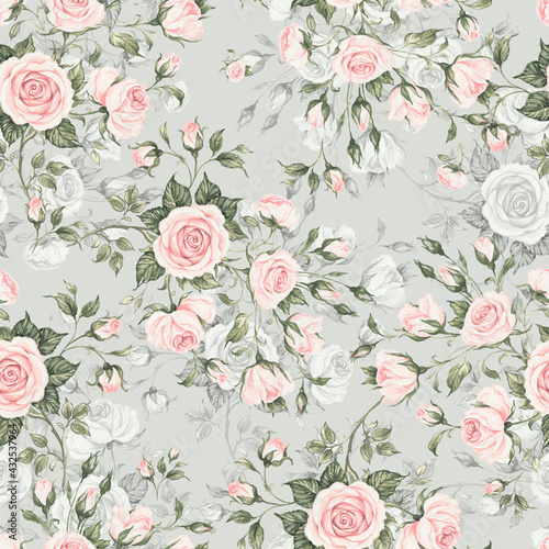 Fototapeta Naklejka Na Ścianę i Meble -   Seamless floral pattern drawn by paints on paper blooming branches of roses