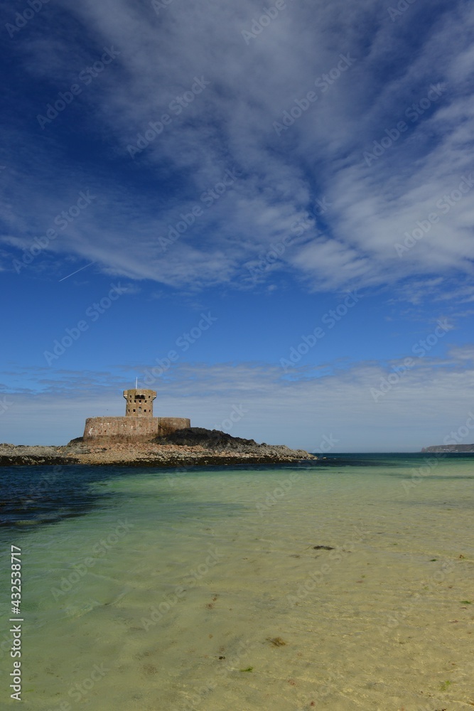St Ouen's Bay, Jersey, U.K. Coastal Spring and 19th century island military Rocco tower.