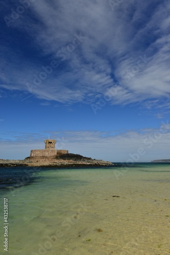 St Ouen's Bay, Jersey, U.K. Coastal Spring and 19th century island military Rocco tower.