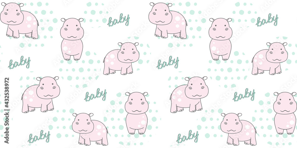Cute pink hippo and baby lettering on a white background with circles. Endless texture with behemoth. Vector seamless pattern for kids wallpaper, cover, wrapping paper, packaging, printing on clothes Cute pink hippo and baby lettering on a white background with circles. Endless texture with behemoth. Vector seamless pattern for kids wallpaper, cover, wrapping paper, packaging, printing on clothes