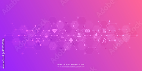 Medical background and healthcare technology with flat icons and symbols. Design template of concept and idea for health care business, innovation medicine, health safety, science. Vector illustration