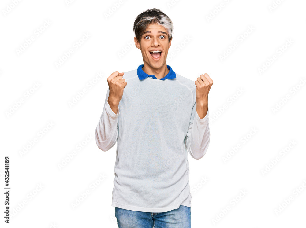 Young hispanic man wearing casual clothes celebrating surprised and amazed for success with arms raised and open eyes. winner concept. Young hispanic man wearing casual clothes celebrating surprised and amazed for success with arms raised and open eyes. winner concept.