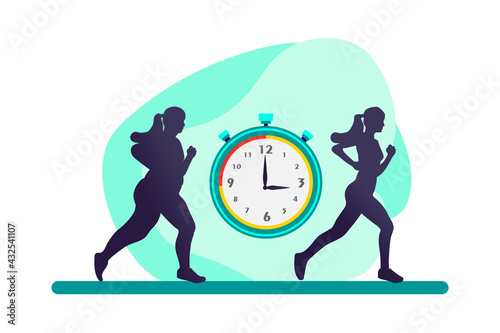 Weight loss. The effect of diet on a person's weight. A plump and slim woman before and after dieting and fitness. The concept of weight loss.