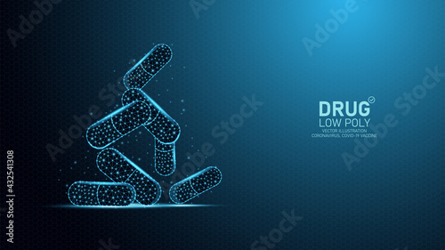 Pill capsule abstract low poly polygon falling on blue Medical, pharmacy, health, vitamin, antibiotic, pharmaceutical Pharmacy Treatment Concept Vector Illustration