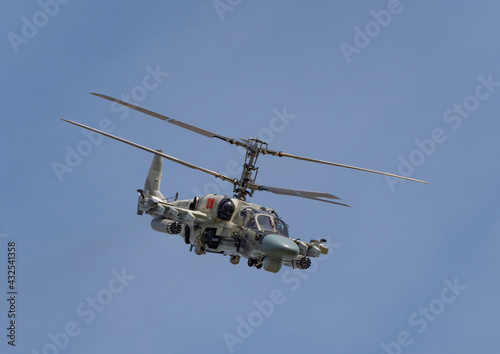 ZHUKOVSKY  RUSSIA - SEPTEMBER 01  2019  Demonstration of the Kamov Ka-52 Alligator attack helicopter of the Russian Air Force at MAKS-2019  Russia.