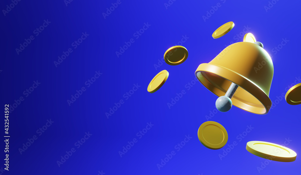 3d stylized bell and coins on blue background