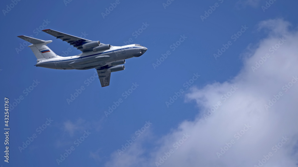 MOSCOW, RUSSIA - MAY 7, 2021: Avia parade in Moscow. 3 Ilyushin Il-76 ...