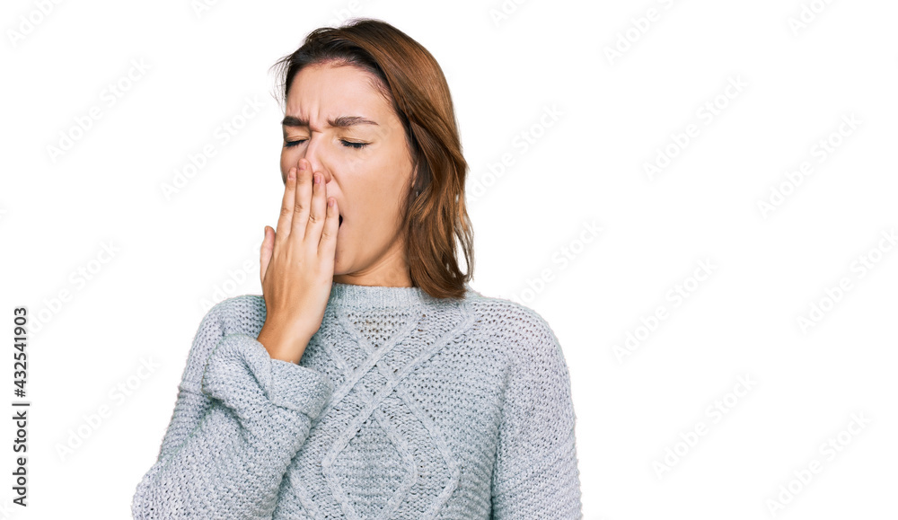 Young caucasian girl wearing casual clothes bored yawning tired covering mouth with hand. restless and sleepiness. Young caucasian girl wearing casual clothes bored yawning tired covering mouth with hand. restless and sleepiness.