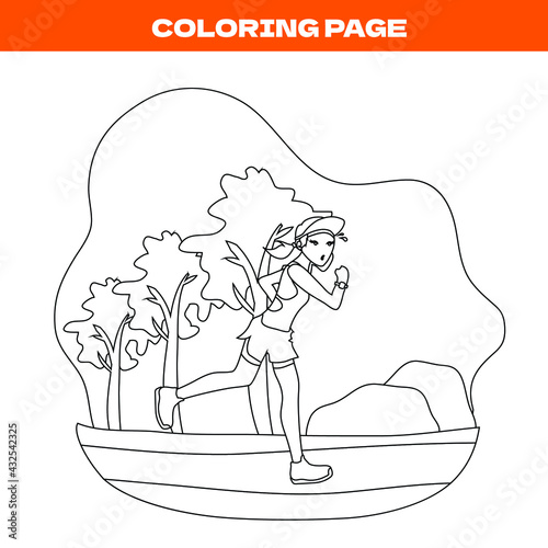 Coloring page of women dressed in sports clothes and running around in the park. It’s really good for promoting morning jogging, active and healthy lifestyle. Vector illustration in cartoon style.