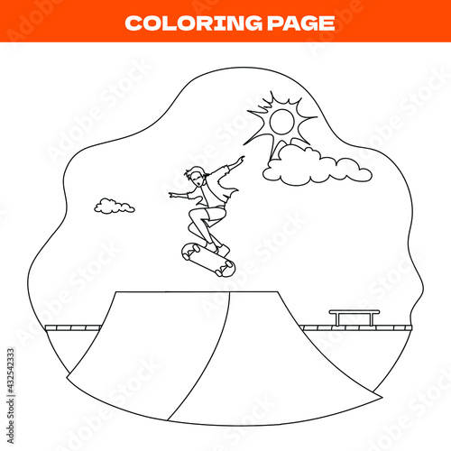 Coloring page of modern urban skateboard park illustration. Man in casual clothes skateboarding and showing exciting tricks with his skate. Sports activities in the summer. 