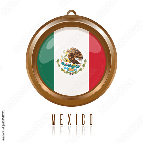 Round gold medallion with the flag of Mexico inside. Round keychain with Mexico flag isolated on white. Vector illustration