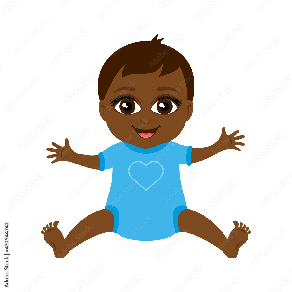 Cute little african american baby boy in blue clothes icon vector. Smiling baby boy icon isolated on a white background. African baby big eyes cartoon character Cute little african american baby boy in blue clothes icon vector. Smiling baby boy icon isolated on a white background. African baby big eyes cartoon character