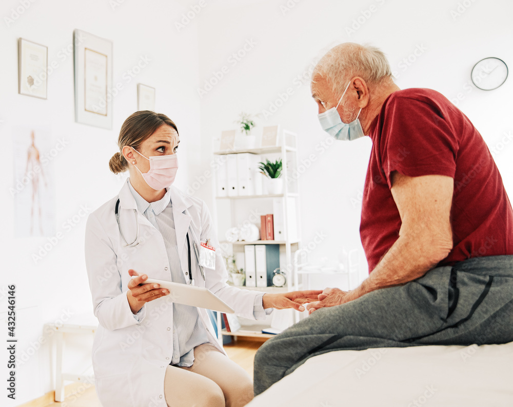 doctor senior patient woman medical hospital health care man medicine office corona virus mask clinic healthcare elderly talking support tablet doctor senior patient woman medical hospital health care man medicine office corona virus mask clinic healthcare elderly talking support tablet