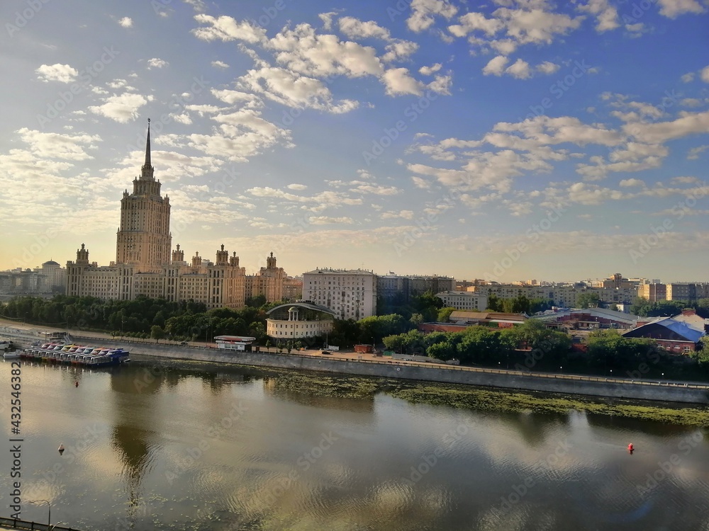 Cityscape scene on Moskva river in morning light