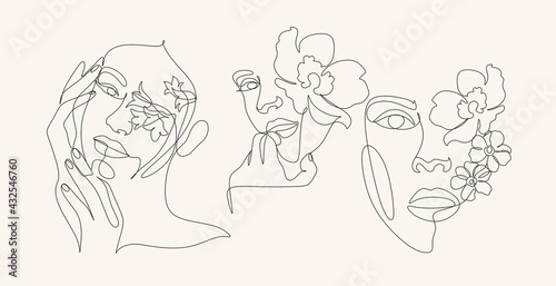 Line Art Woman With Flowers. Head Of Flowers Line drawing. Flower Woman Vector. Minimal Abstract portrait female