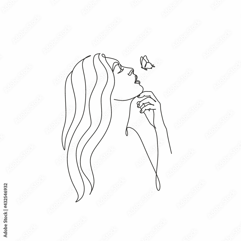 Woman face with butterfly by one line drawing. Abstract Portrait