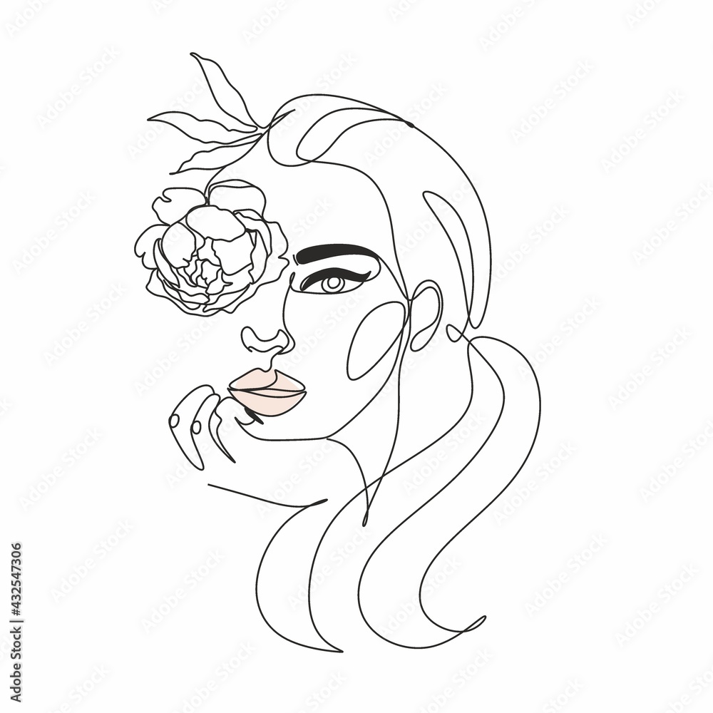 Face with flowers Line drawing art. Woman face Vector. Minimalist ...