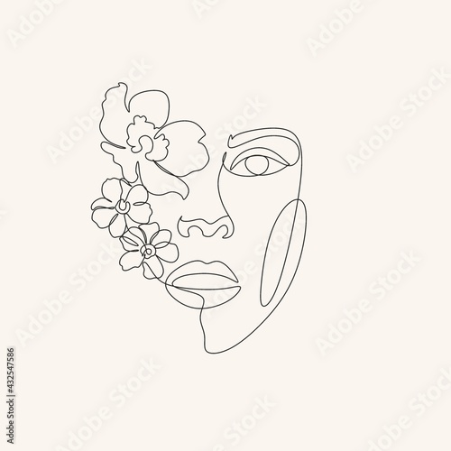 Surreal Face Continuous line, drawing face and hairstyle with flower, fashion concept, woman beauty minimalist, vector illustration pretty sexy. Contemporary portrait