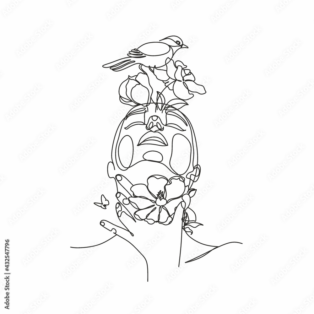 Abstract woman face with bird and flowers by one line drawing. Portrait ...