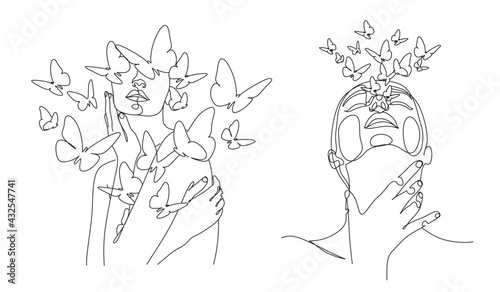 Woman face with butterfly by one line drawing. Abstract Portrait minimalistic style.  Botanical print. Nature symbol of cosmetics. Modern continuous line art.  Fashion print. Beaty salon art