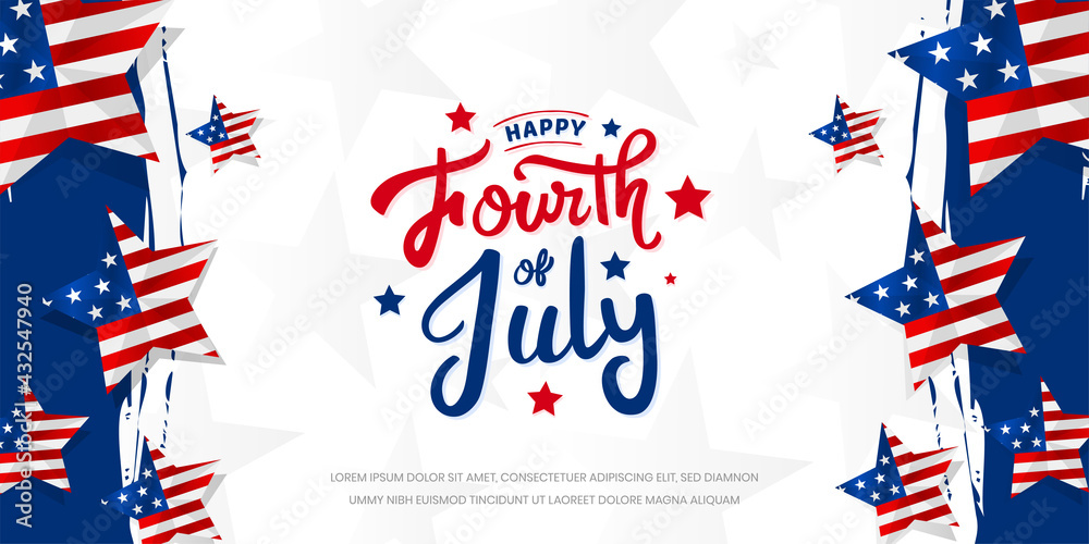 Happy fourth of July trendy custom hand-lettering, typography design with stars on star shape USA flag background template.
