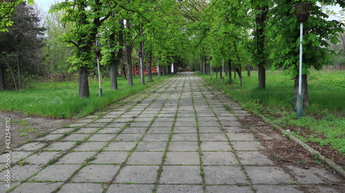 Large concrete paving slabs with overgrown grass in crevices and rusted lanterns in an abandoned park. © Игорь Пишкарев