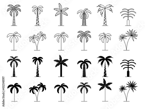 Set of minimal trees linear icons. Vector palm icons isolated on white background.Tropical tree icons.Big collection Tree.Vector palm tree silhouette icons.Bohemian elements,logo,symbols