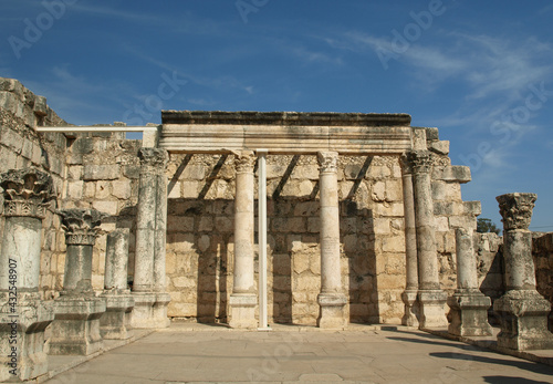 View of the interior of the 4th Century Synagogue Capernaum  Galilee. Mentioned in the bible as a place Jesus spent a lot of time and performed some of his miracles. Home of many of his apostles. photo