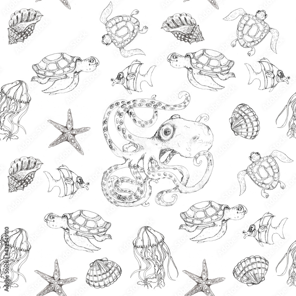 Undersea nautical  monochrome print sketch sea life vintage style seamless pattern 