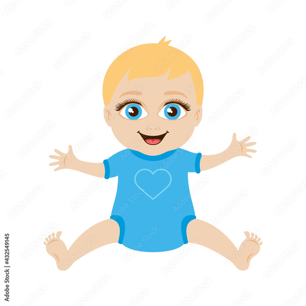 Cute little caucasian baby boy in blue clothes icon vector. Smiling baby boy icon isolated on a white background. Baby big eyes cartoon character Cute little caucasian baby boy in blue clothes icon vector. Smiling baby boy icon isolated on a white background. Baby big eyes cartoon character
