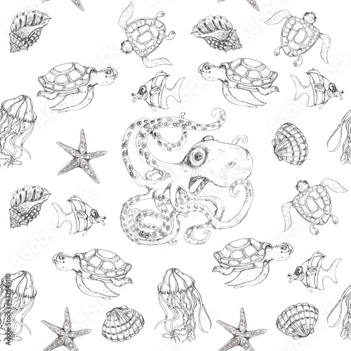 Undersea nautical monochrome print sketch sea life vintage style seamless pattern 