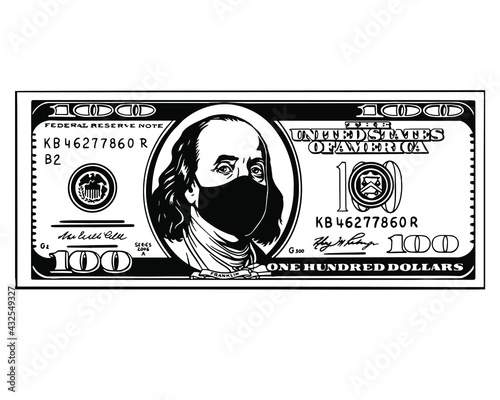100 dollar bill with masked Benjamin Franklin. Money. Portrait.