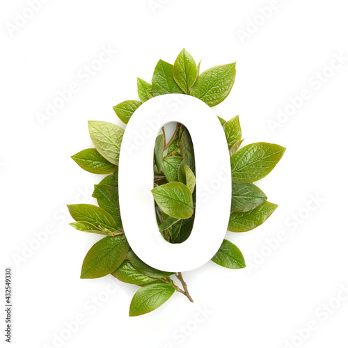 Number zero shape with green leaves. Nature concept. Flat lay. Top view photo