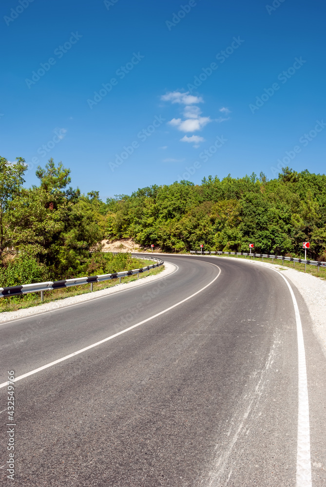 Mountain landscape. Mountain road, going away against the background of a blue sky and pines.