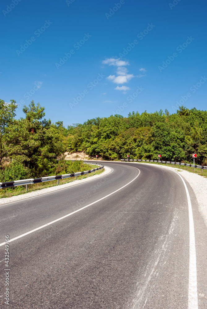 Fototapeta premium Mountain landscape. Mountain road, going away against the background of a blue sky and pines.