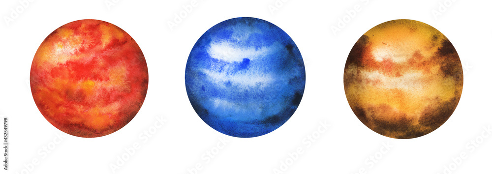 Hand drawn watercolor set of planets of a solar system. Education space map objects Hand drawn watercolor set of planets of a solar system. Education space map objects