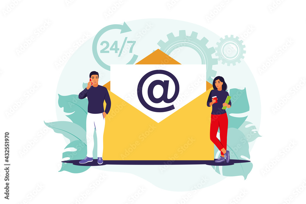 Email marketing, internet chatting, 24 hours support concept. Vector illustration. Flat. Email marketing, internet chatting, 24 hours support concept. Vector illustration. Flat.