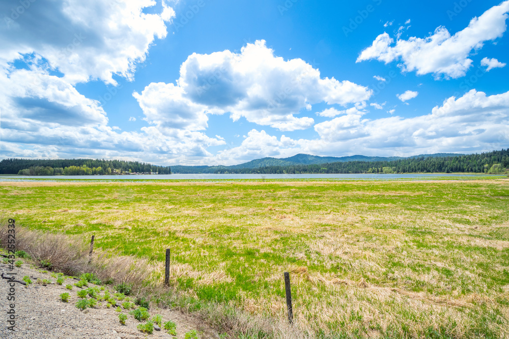 Obraz premium The wide marshland and lake at McKenzie Conservation Area at Newman Lake, Washington, USA