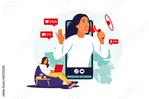 Blogger with loudspeakers announcing news, attracting target audience. Marketing, promotion, communication concept. Vector illustration. Flat.