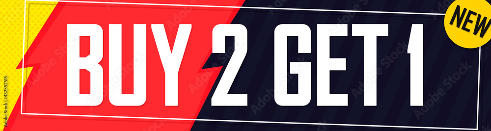 Obraz premium Buy 2 Get 1 Free, sale web banner design template, discount horizontal poster, vector illustration