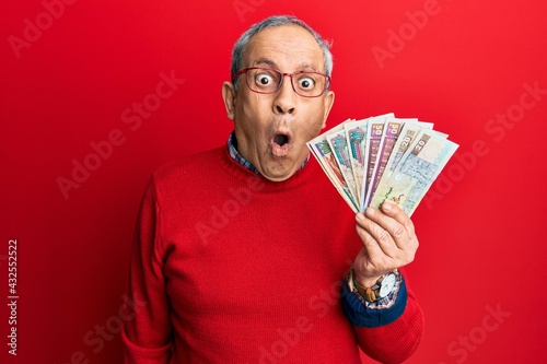 Handsome senior man with grey hair holding egyptian pounds banknotes scared and amazed with open mouth for surprise, disbelief face photo