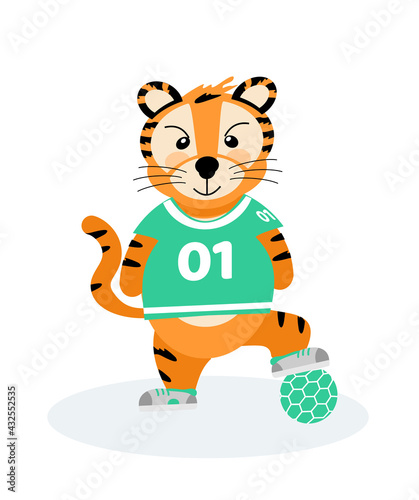 A cheerful striped tiger football player in a sports uniform  the symbol of 2022. Vector illustration isolated on a white background drawn by hand. For printing children s T-shirts  postcards.