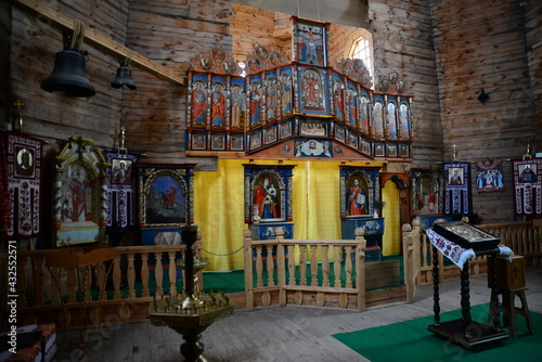 ZAPORIZHIA, UKRAINE - MARCH 24, 2019: Wooden church interior. Wooden building on Zaporozhye Sich in Ukraine. Medieval church on island of Khortitsa in Zaporozhye.