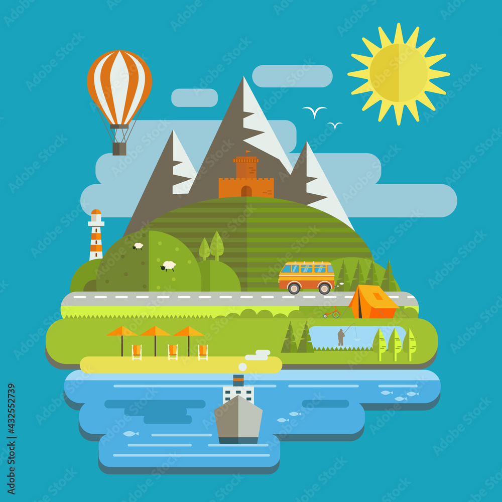 Illustration of the landscape in the flat style of the tourist concept of traveling bu steamboat, balloon, car and bicycle